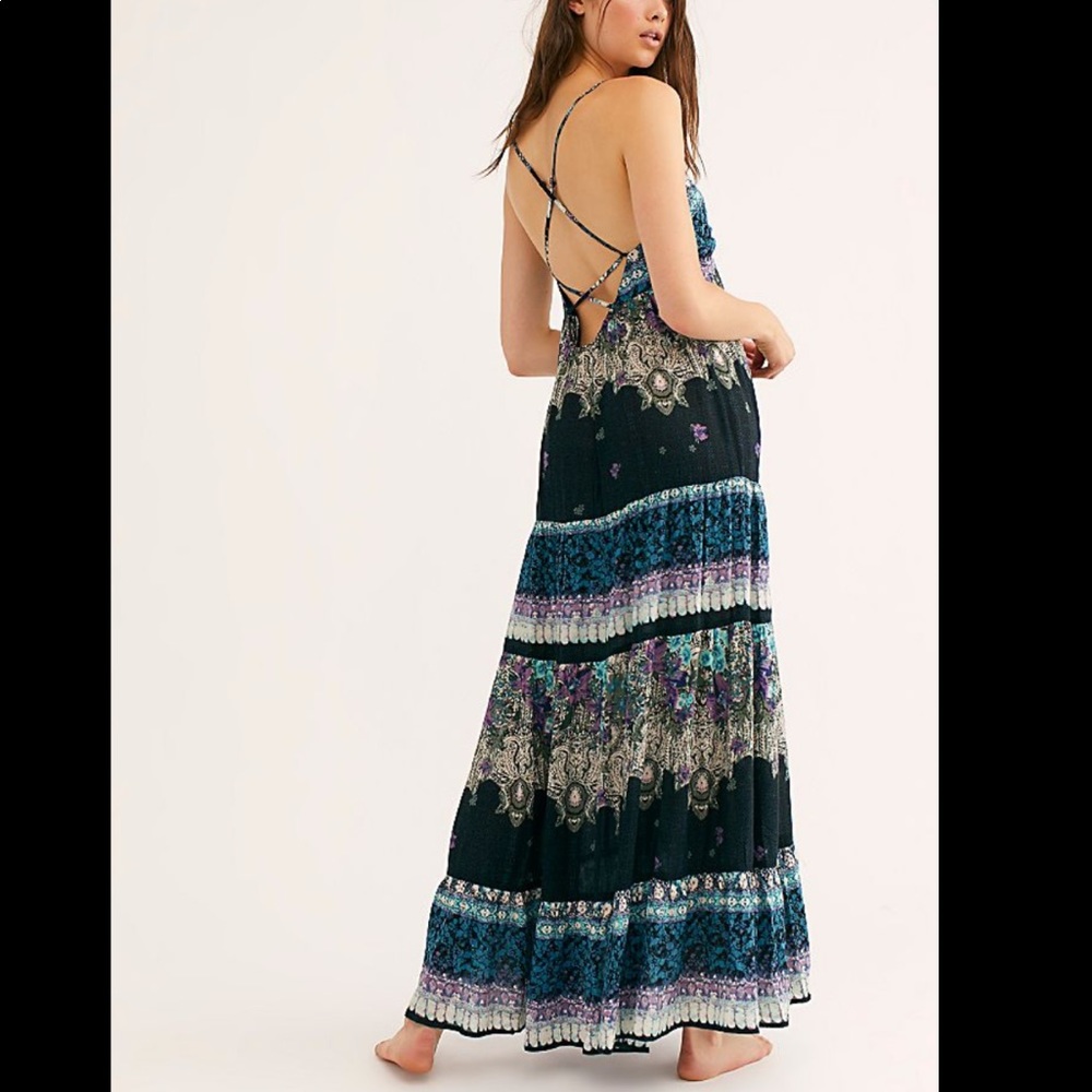 Free People Black Floral Tiered Maxi Dress with Teal and Purple Accents